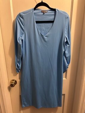 Judy P  periwinkle blue dress small ruched sleeve knee length wrinkle free